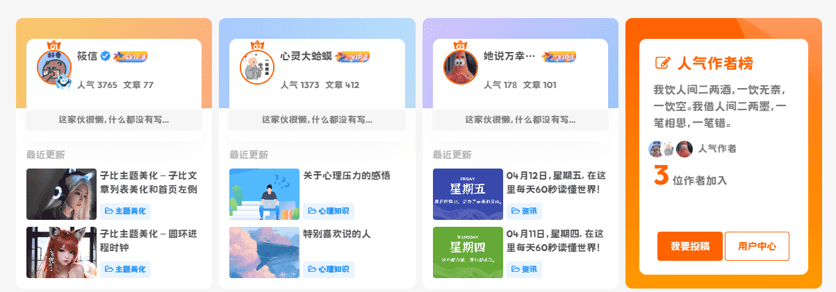 图片[1] - 子比主题美化 – 仿优设首页人气作者（更新小工具版本） - 筱信日记